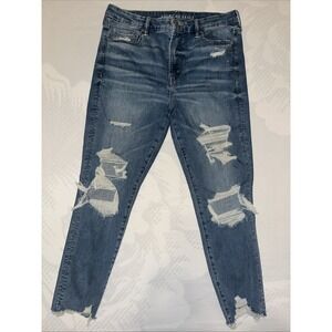 American Eagle High Rise Skinny Jeans Stretch Distressed Blue 14